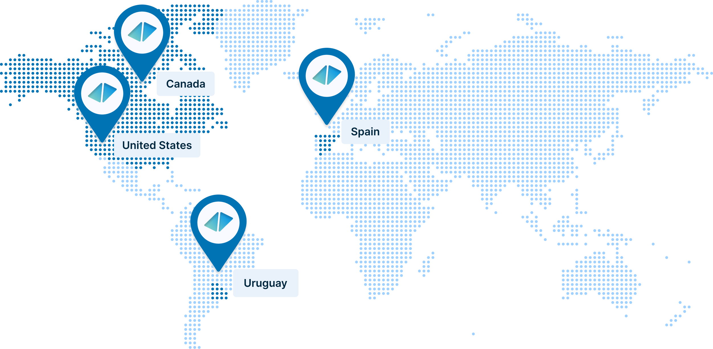 Map with markers indicating where are the Develants customers: United States, Canada, España, Uruguay